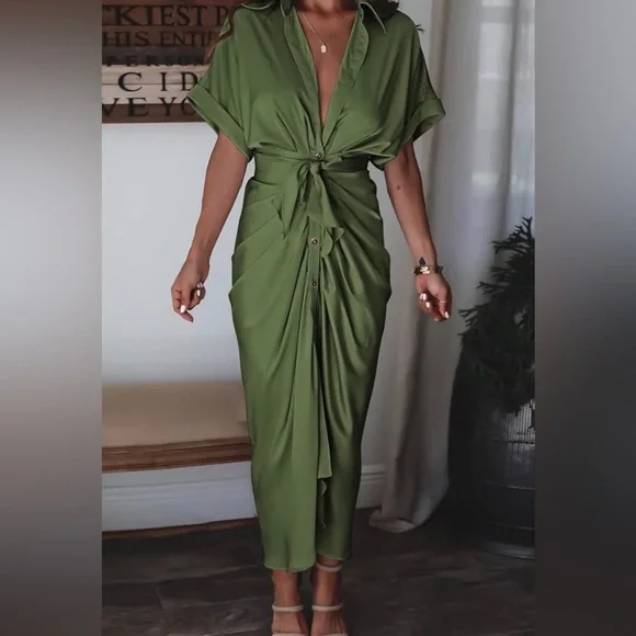 NEW Women Elegant Satin Button Down Short Sleeve Maxi Shirt Dress with Belt - Picture 6 of 9